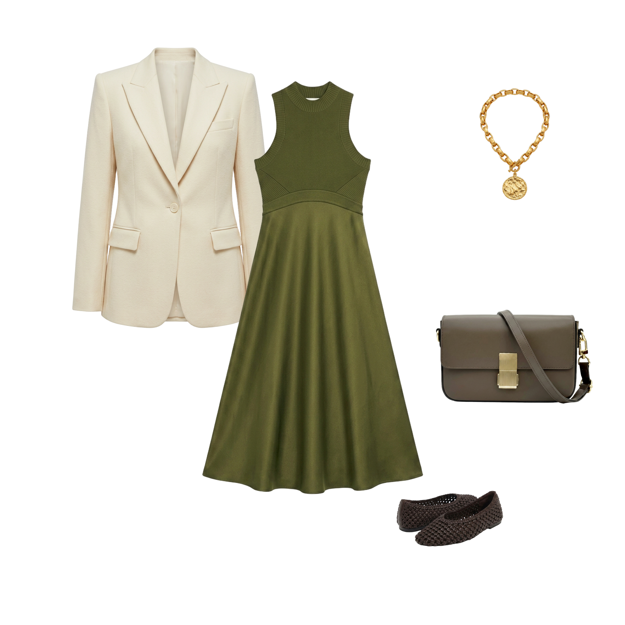 florere hybrid knit-satin midi dress Reiss Florere Hybrid Knit-Satin Midi Dress in Dark Green